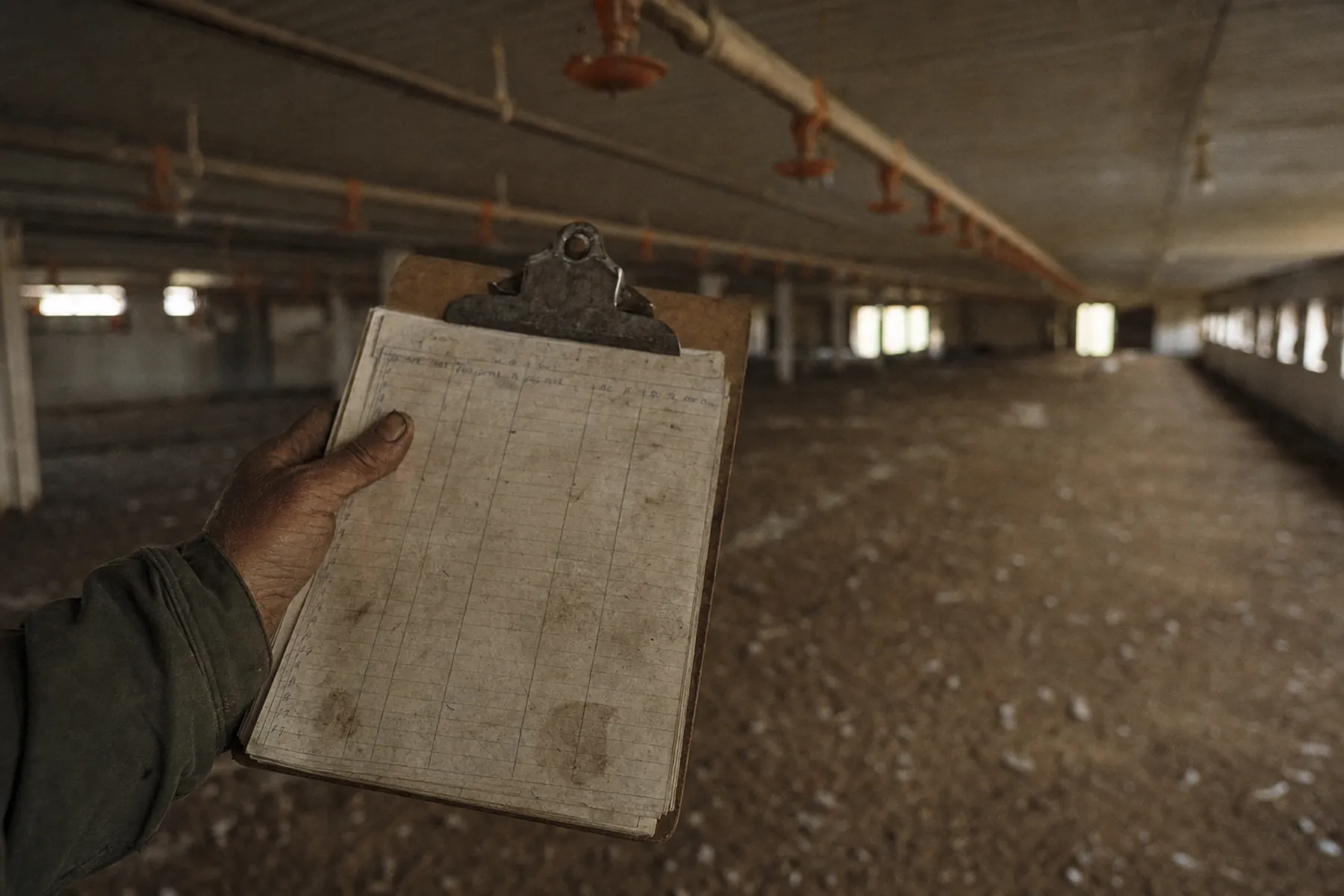 A weathered hand holding a worn clipboard with a handwritten log sheet inside an empty poultry barn between flocks.