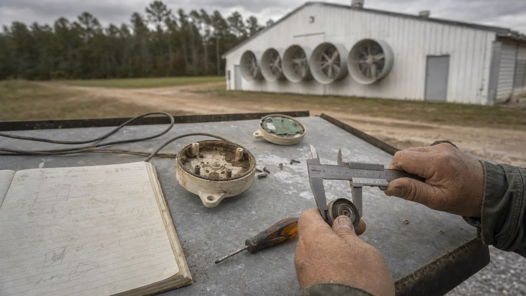Weathered hands measuring a small component with calipers on a galvanized workbench, next to an opened sensor housing, a handwritten notebook, wire and a screwdriver, with a fan-ended broiler house in the background.