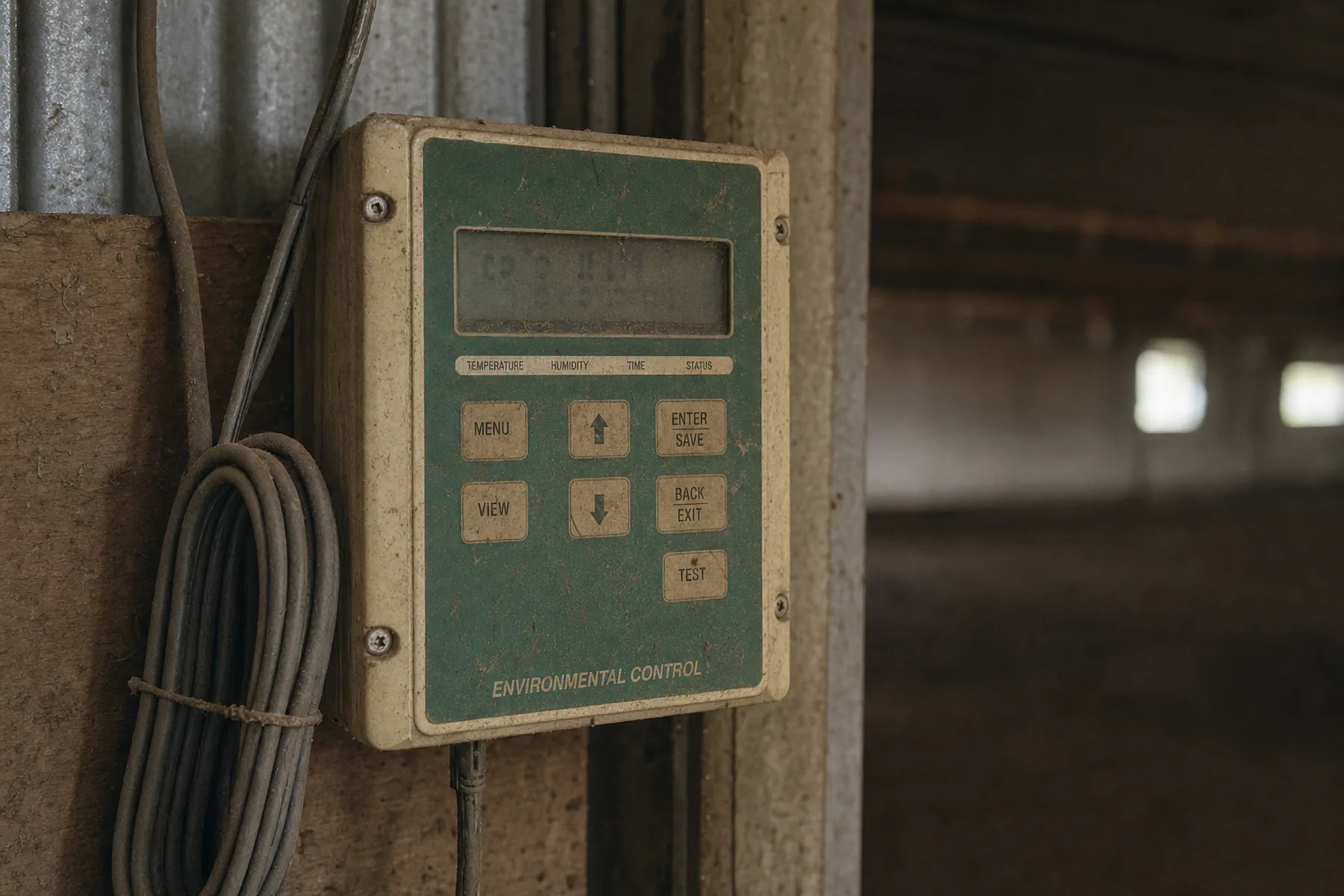 A dusty environmental control panel mounted on a weathered broiler house wall, its small LCD readout and worn keypad beside a coil of electrical cable, with the darkened house receding behind it.