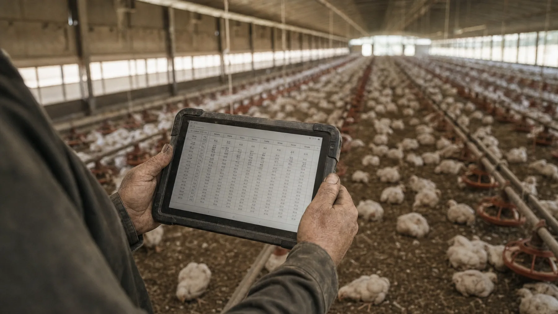 A worker's hands holding a rugged tablet showing a grid of daily numbers inside a broiler house, with birds and feeder lines in soft focus behind.