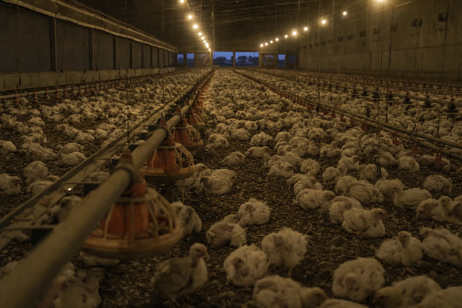 Interior of a commercial broiler house at dusk, looking down the length of the house past feed and water lines.
