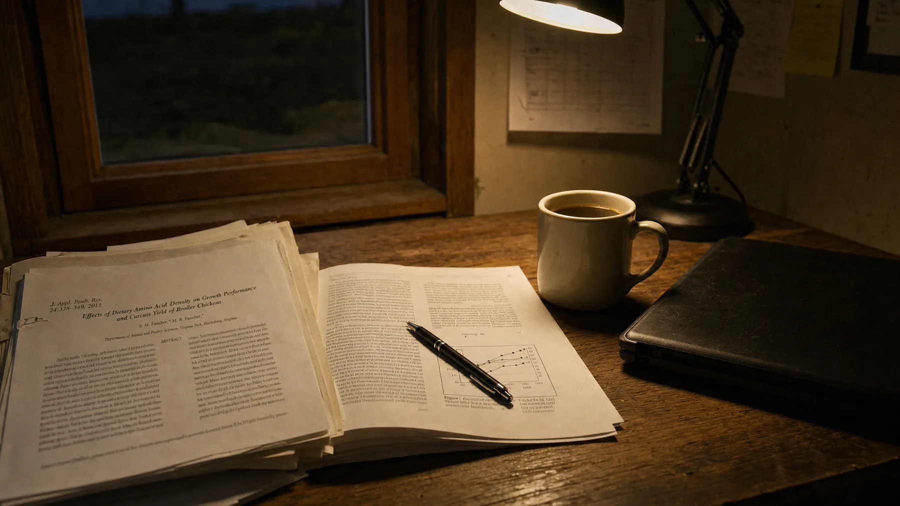 Printed research papers open on a worn wooden desk under a lamp, one showing dense text and a small chart, with a pen, a coffee mug and a closed laptop.