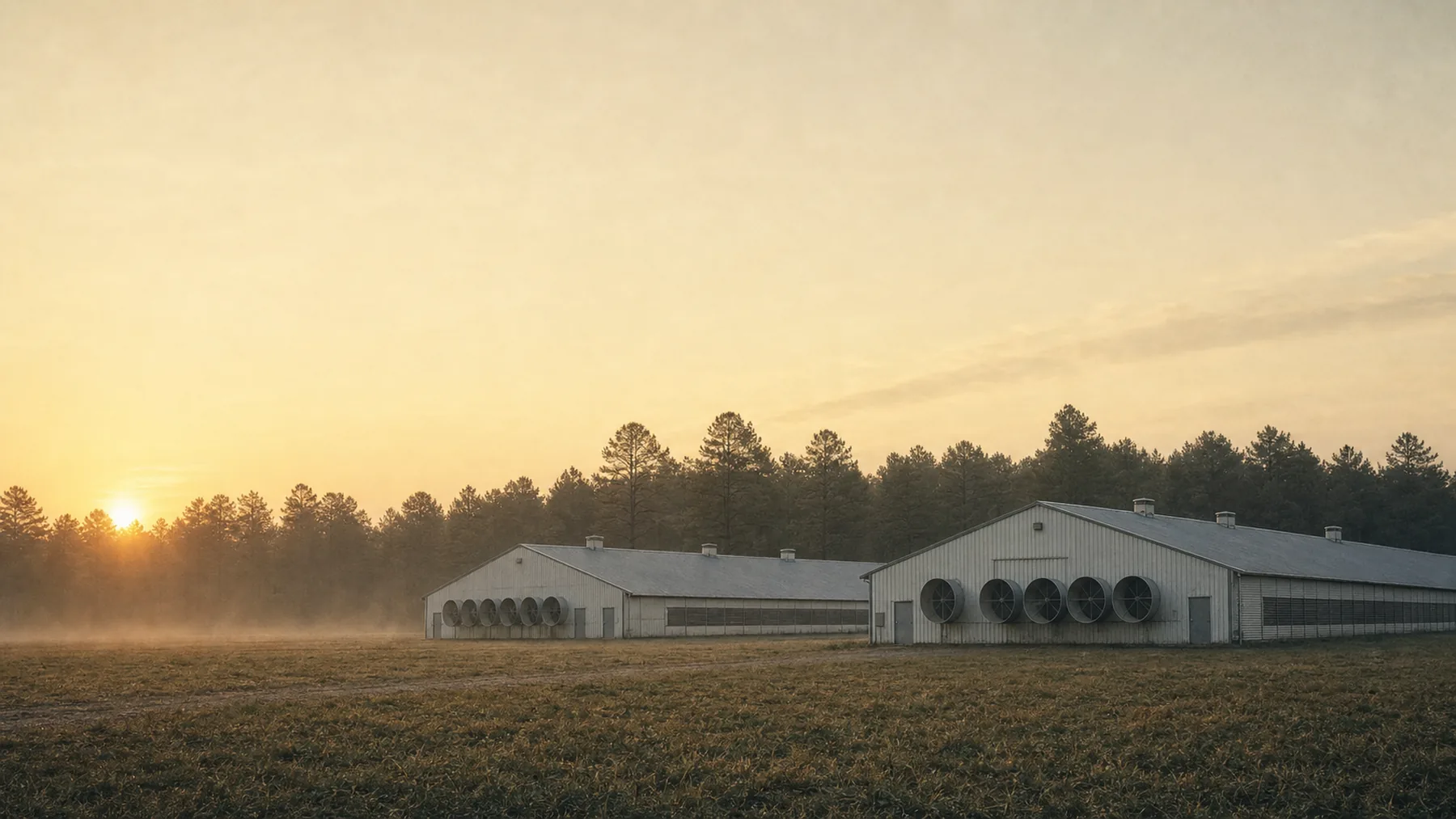 Two long pale broiler houses with banks of end-wall ventilation fans standing across a dark field at sunrise, beneath a hazy sky and a pine tree line.